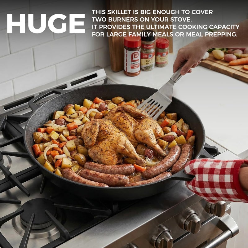 EDGING CASTING Pre-Seasoned Large Cast Iron Skillet 17 Inch, Dual Handle Outdoor Camping Frying Pan, Pizza Pan, Use for Grill, Stovetop, Induction, Oven Safe Cookware - Image 2