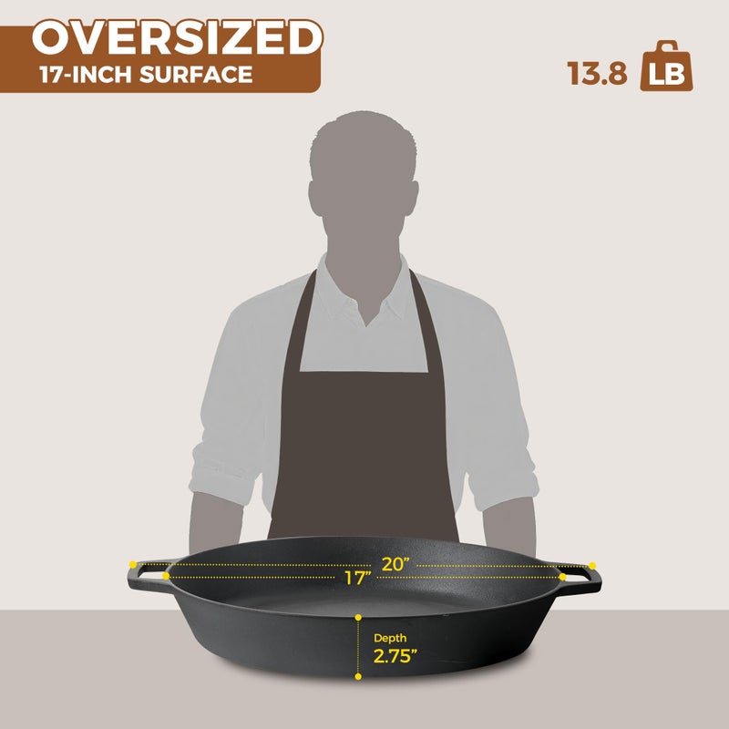 EDGING CASTING Pre-Seasoned Large Cast Iron Skillet 17 Inch, Dual Handle Outdoor Camping Frying Pan, Pizza Pan, Use for Grill, Stovetop, Induction, Oven Safe Cookware - Image 4