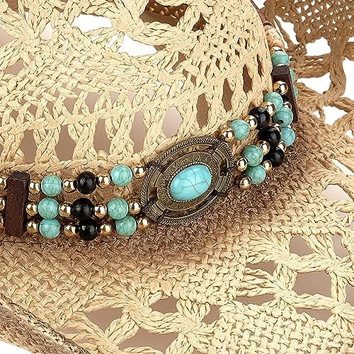 Foeran Men's Women's Straw Cowboy Hat Cowgirl Woven Sun Hat Western Cowboy Hat Two Decorative Bands - Image 3