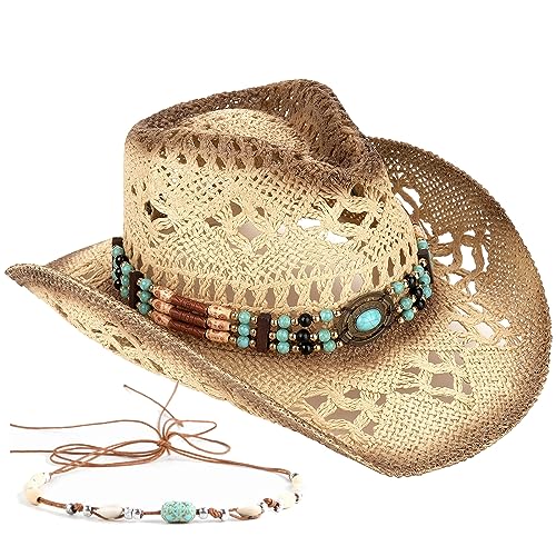 Foeran Men's Women's Straw Cowboy Hat Cowgirl Woven Sun Hat Western Cowboy Hat Two Decorative Bands - Image 1