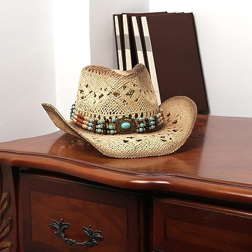 Foeran Men's Women's Straw Cowboy Hat Cowgirl Woven Sun Hat Western Cowboy Hat Two Decorative Bands - Image 4