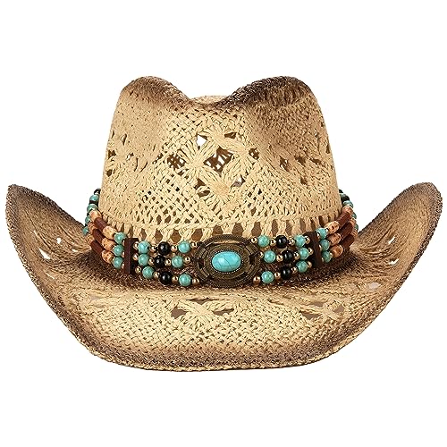 Foeran Men's Women's Straw Cowboy Hat Cowgirl Woven Sun Hat Western Cowboy Hat Two Decorative Bands - Image 2