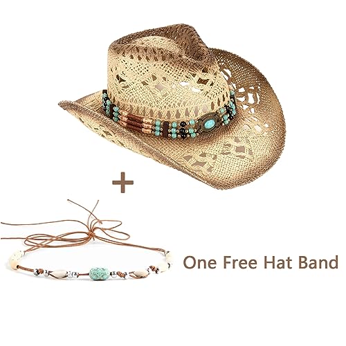 Foeran Men's Women's Straw Cowboy Hat Cowgirl Woven Sun Hat Western Cowboy Hat Two Decorative Bands - Image 5