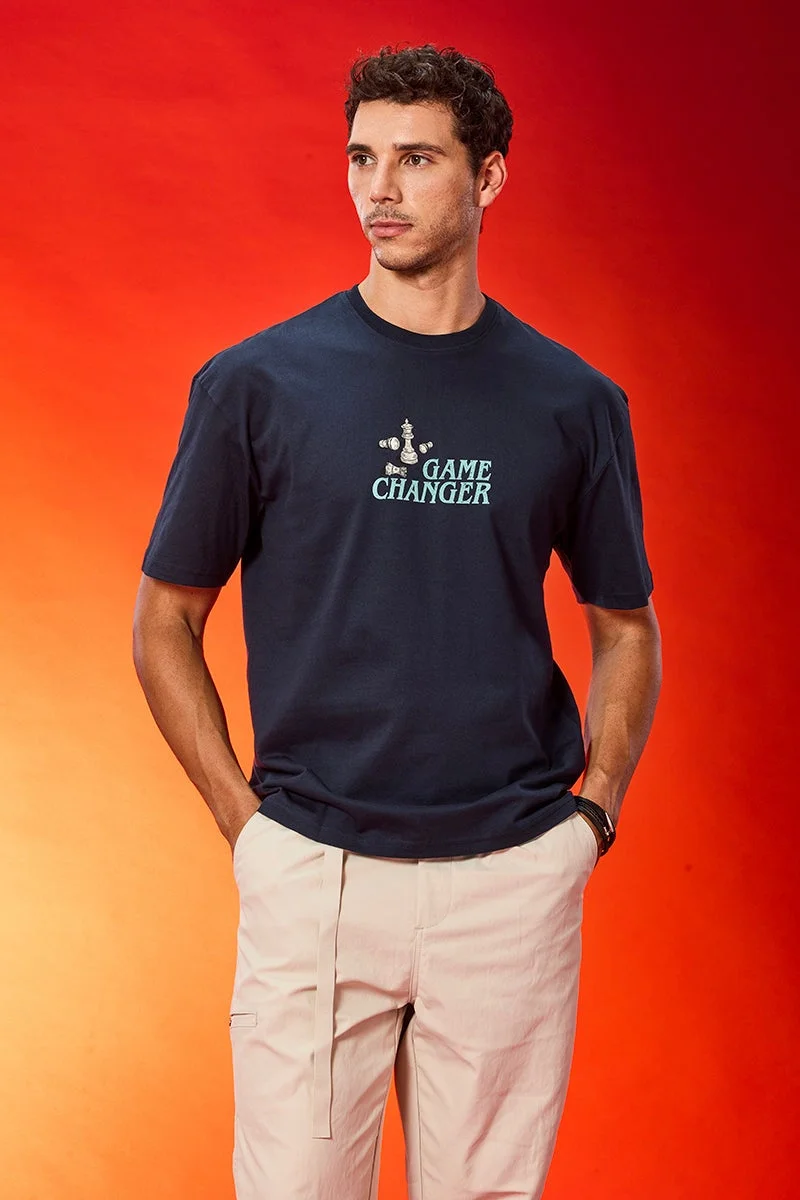 سنيتش Navy Graphic Half Sleeve Oversized T-Shirt