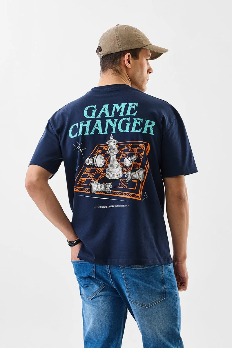 سنيتش Navy Graphic Half Sleeve Oversized T-Shirt