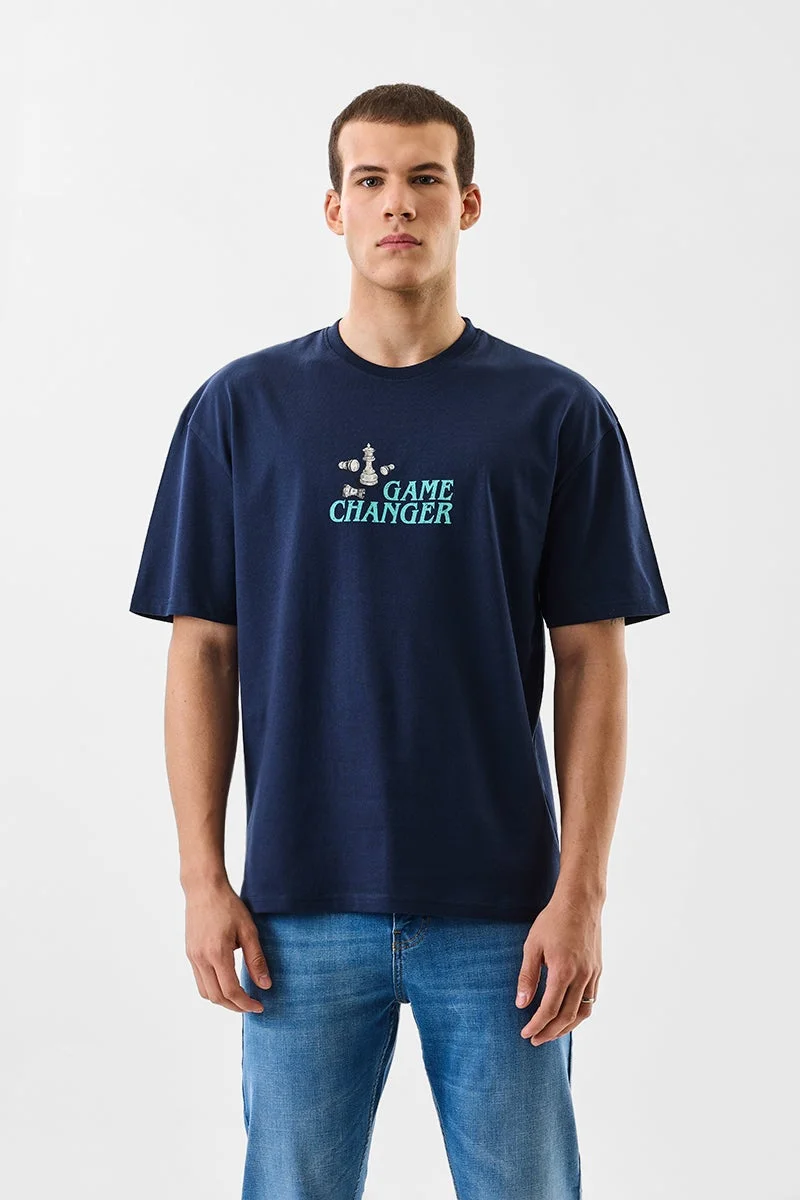 سنيتش Navy Graphic Half Sleeve Oversized T-Shirt
