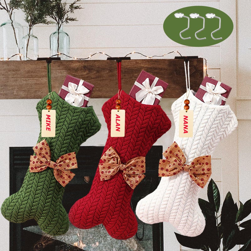 Mooydee 3 Pack Pet Dog Personalized Christmas Stockings with Metal Holders  Name Tags Large Bone Shape Pets Hanging Stockings Xmas Knit Dog Stocking with Bowknot for Christmas Decoration Party Dcor