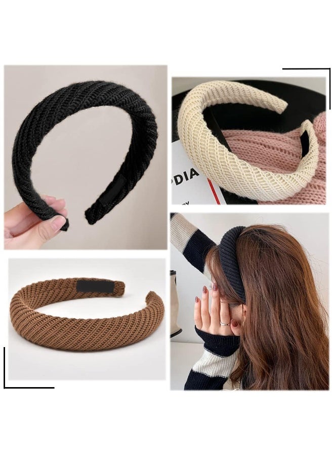 CLENEA 3Pcs Knitted Padded Headbands for Women Girls, 1.2 inch Wide Solid Hairbands Non-Slip Hair Hoops Fashionable and Elegant Face Wash Hair Clip Black Brown White - Image 5