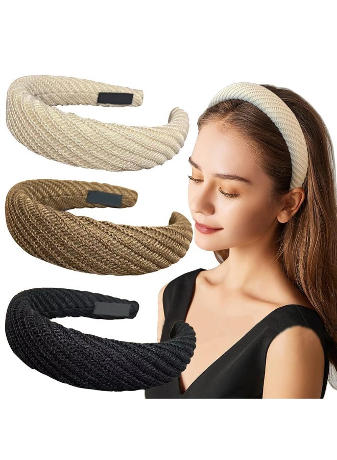 CLENEA 3Pcs Knitted Padded Headbands for Women Girls, 1.2 inch Wide Solid Hairbands Non-Slip Hair Hoops Fashionable and Elegant Face Wash Hair Clip Black Brown White - Image 1