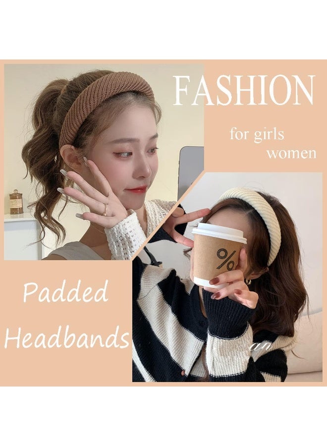 CLENEA 3Pcs Knitted Padded Headbands for Women Girls, 1.2 inch Wide Solid Hairbands Non-Slip Hair Hoops Fashionable and Elegant Face Wash Hair Clip Black Brown White - Image 4