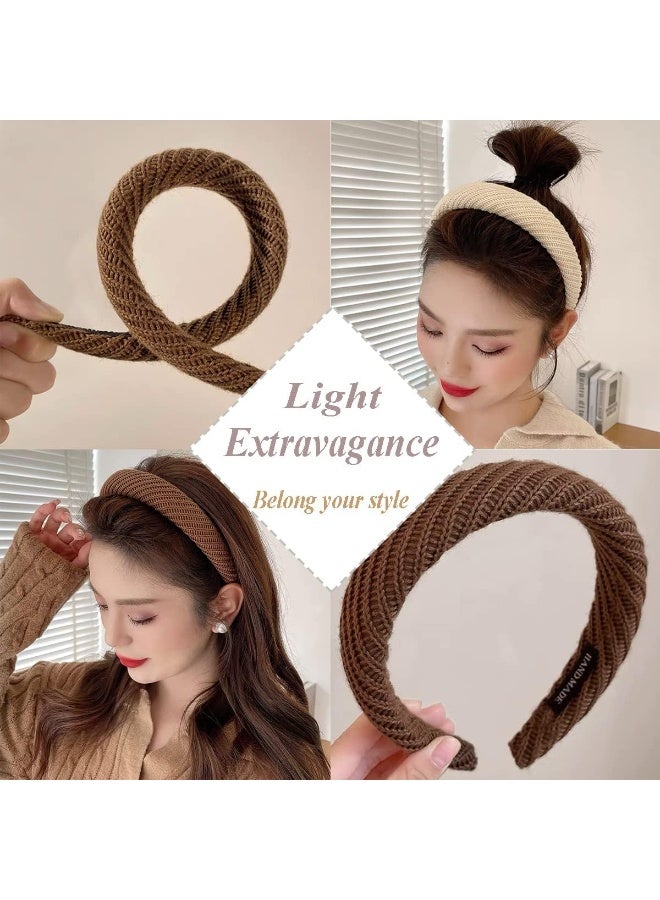 CLENEA 3Pcs Knitted Padded Headbands for Women Girls, 1.2 inch Wide Solid Hairbands Non-Slip Hair Hoops Fashionable and Elegant Face Wash Hair Clip Black Brown White - Image 2