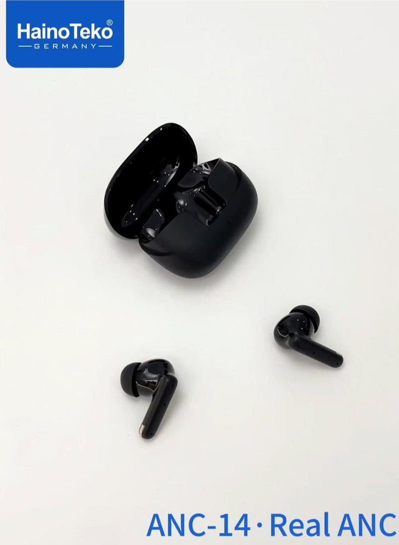 Haino Teko ANC-14 Bluetooth Earphones | Real Active Noise Cancellation | Deep Bass Music Experience | Crystal-Clear Microphone for Calls | Multi-Functional Touch Controls | Wireless Earbuds Compatible with Android Phones & Tablets | Long Battery Life | Black - Image 3