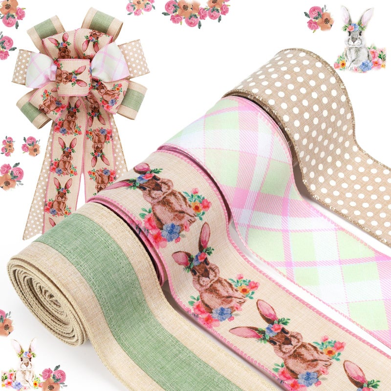 LaRibbons Easter Ribbon Wired 4 Rolls 2.5 Inch x 24 Yards TTL, Floral and Bunny Easter Ribbon with Plaid and Polka Dot for Crafts Spring Wreath Gift Wrapping Bow Decoration - Image 1