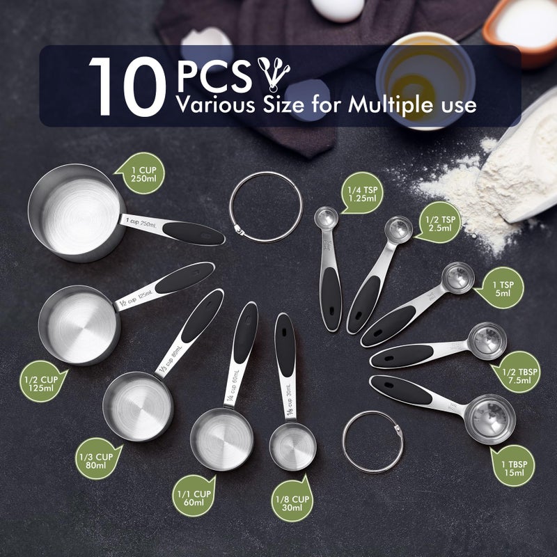 HOTEC 10-PACK Measuring Cups and Spoons Set, Kitchen Gadagets Cooking Baking,Heavy Duty & Dishwasher Safe for Dry and Liquid Ingredients,Black - Image 2