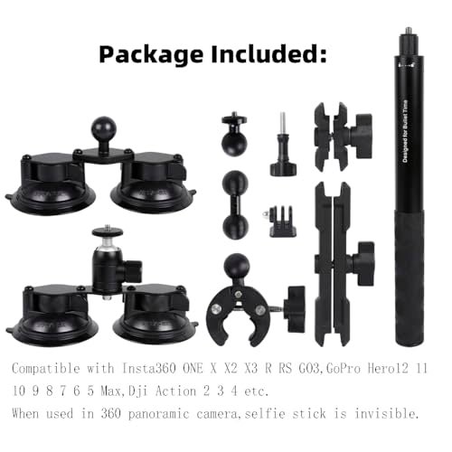Leenconghui Car Mount for Insta360 4 in1 Suction Cups Mount Kit with Invisible Selfie Stick for Insta360 ONE X5 X4 X3 X2 RS and Other 360 CamerasCar Holder on Windshield WindowHoodTop RoofTrunk lid - Image 3