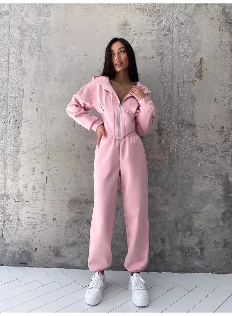 NIBEMINENT Sweatshirt Two-piece Suit Women's Casual Sports Sets Zipper-up Hooded Tunic Short Jacket Top Straight Trousers 2-piece Sets - Image 2