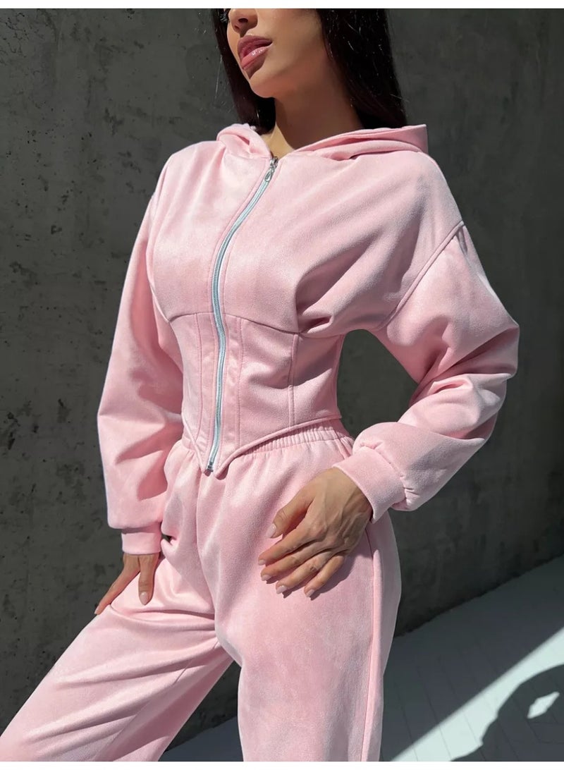 NIBEMINENT Sweatshirt Two-piece Suit Women's Casual Sports Sets Zipper-up Hooded Tunic Short Jacket Top Straight Trousers 2-piece Sets - Image 1