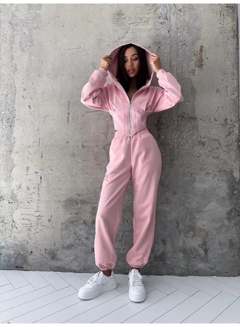 NIBEMINENT Sweatshirt Two-piece Suit Women's Casual Sports Sets Zipper-up Hooded Tunic Short Jacket Top Straight Trousers 2-piece Sets - Image 3