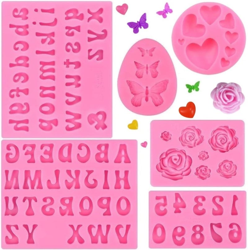 SUNKOOL Letter Silicone Molds Alphabet Mold for Chocolate,6 Pcs Letter Number Flowers Butterfly Heart Shaped Fondant Molds for Making Strawberries,Candy,Gummy Cake Decorating - Image 1