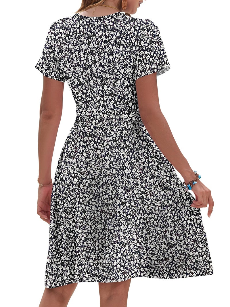 AUSELILY Boho Dress Floral Knee Length Short Sleeve Smocked V Neck Vacation Sundress Black White Flower L - Image 4