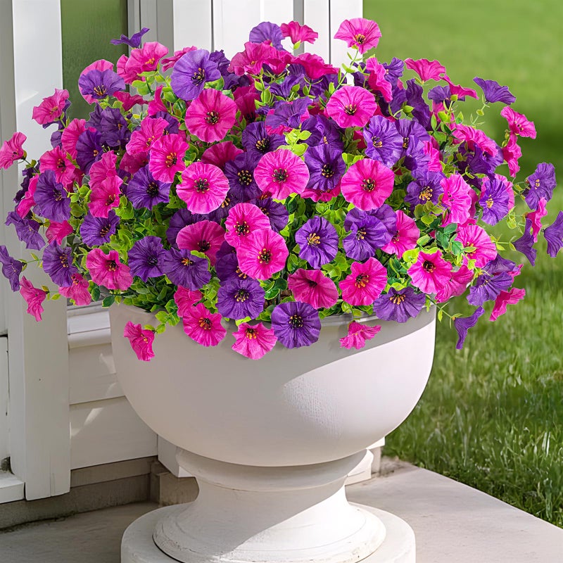 Hrobek Artificial Flowers for Outdoors 12 Bundles Fake Plastic Flower Plant UV Resistant Faux Colorful Silk Morning Glory Petunias for Spring Summer Outside Garden Porch Front Door Decor Purple - Image 2