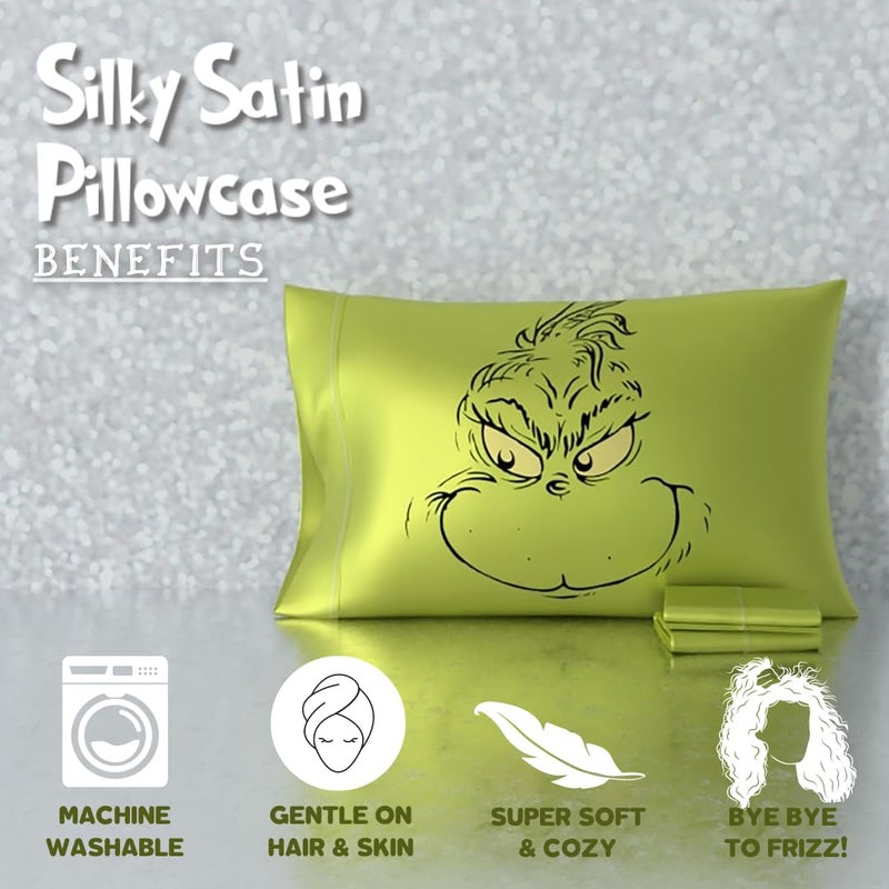 Franco Collectibles Grinch by Dr. Seuss Holiday Beauty Silky Satin Standard Reversible Pillowcase Cover 20x30 for Hair and Skin  (Officially Licensed Product) - Image 3