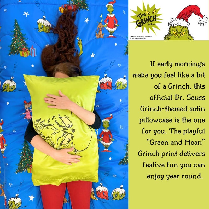 Franco Collectibles Grinch by Dr. Seuss Holiday Beauty Silky Satin Standard Reversible Pillowcase Cover 20x30 for Hair and Skin  (Officially Licensed Product) - Image 2