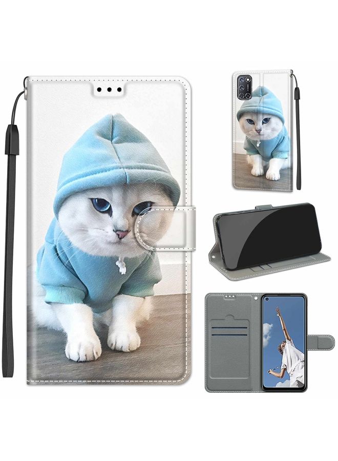 HuHa Case Cover For OPPO A52 / A92 / A72 Voltage Coloured Drawing Magnetic Clasp Horizontal Flip PU Leather Case with Holder & Card Slots C15 Blue Sweater White Cat