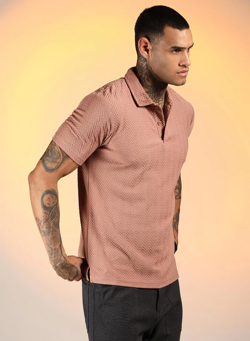 Campus Sutra Men's Coral Orange Chevron Polo T-Shirt