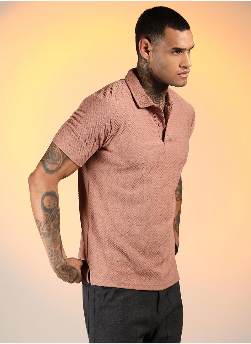 Campus Sutra Men's Coral Orange Chevron Polo T-Shirt  - Image 3