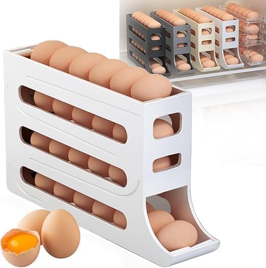 LISIOMO Automatic Egg Dispenser Box 4Tier Egg Storage Box for Fridge Holds upto 30 Eggs Egg Rolling Dispenser for Easy Access Ideal Egg Tray Box for Organized Storage White - Image 1