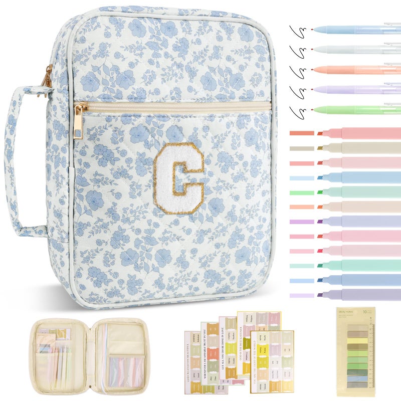 Iqimott Personalized Initial Bible Cover Case for Women Girls Kid - Large Quilted Bible Case with Handle, Stylish Chenille Letter Bag Study Supplies, Perfect Christmas Gifts for Christians (Blue Flower-C) - Image 1