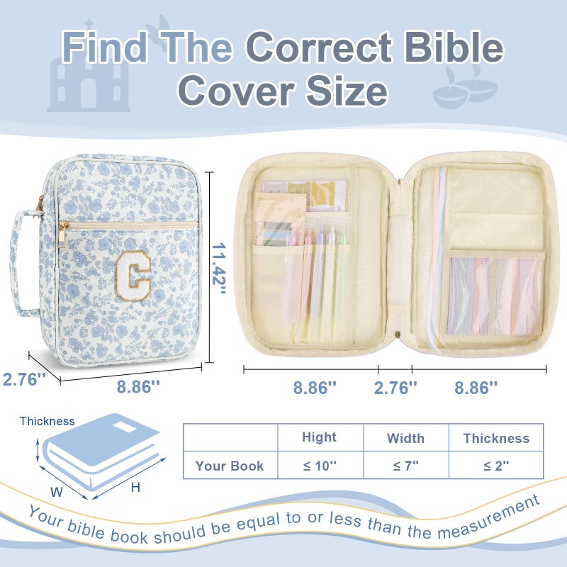 Iqimott Personalized Initial Bible Cover Case for Women Girls Kid - Large Quilted Bible Case with Handle, Stylish Chenille Letter Bag Study Supplies, Perfect Christmas Gifts for Christians (Blue Flower-C) - Image 2