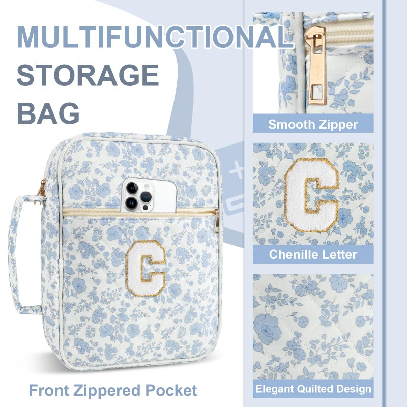 Iqimott Personalized Initial Bible Cover Case for Women Girls Kid - Large Quilted Bible Case with Handle, Stylish Chenille Letter Bag Study Supplies, Perfect Christmas Gifts for Christians (Blue Flower-C) - Image 5