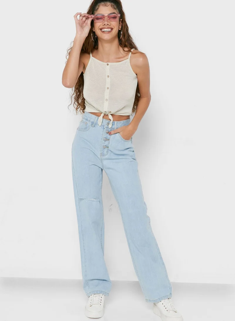 Ginger Knee Slit Chain Detail Mom Jeans