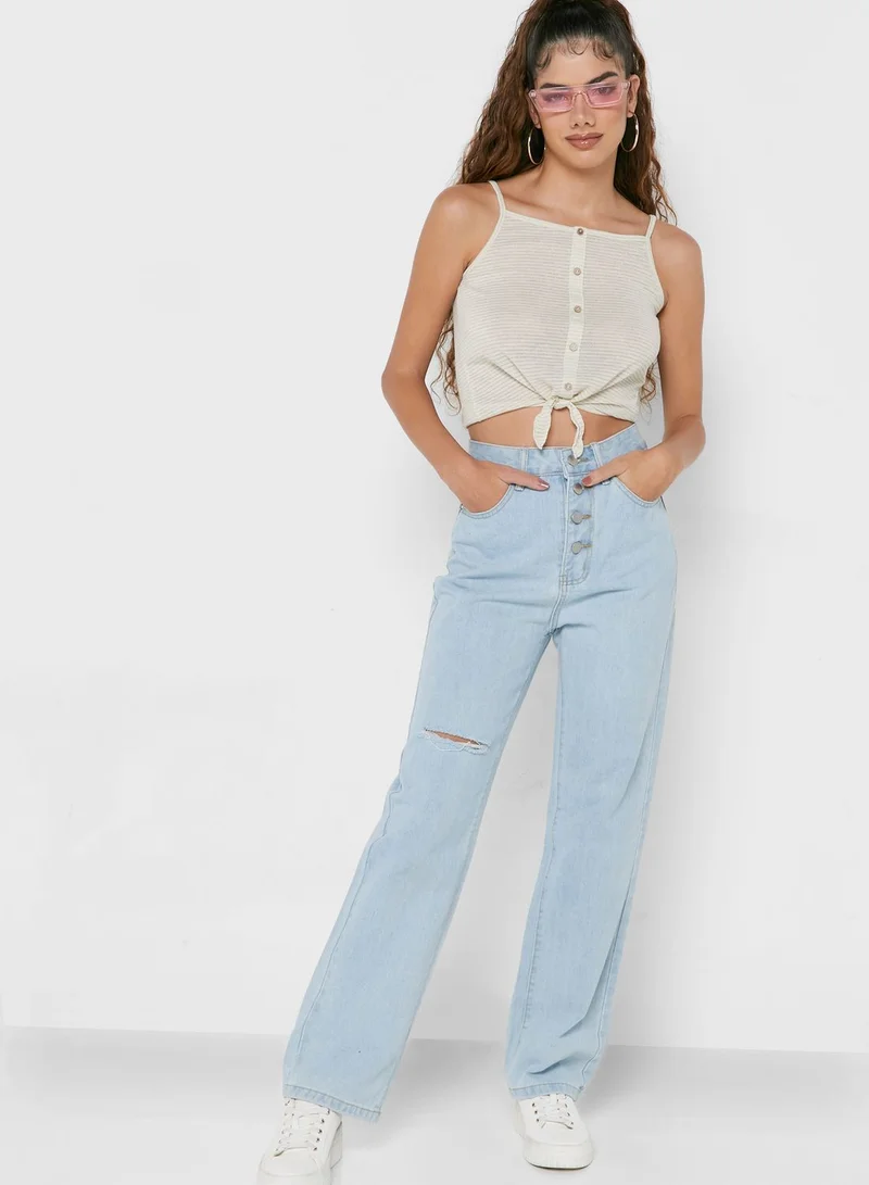 Ginger Knee Slit Chain Detail Mom Jeans