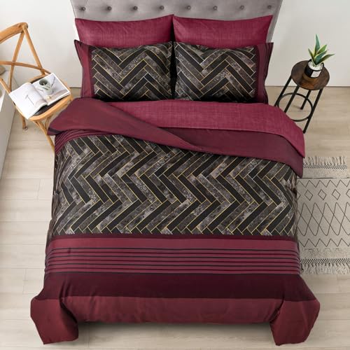 Luxudecor Burgundy Comforter Set King Size 7 Pieces Red and Black Stripe Bed in a Bag Geometric Comforter and Sheet Set, Soft Microfiber Complete Bedding Sets for All Seasons - Image 2