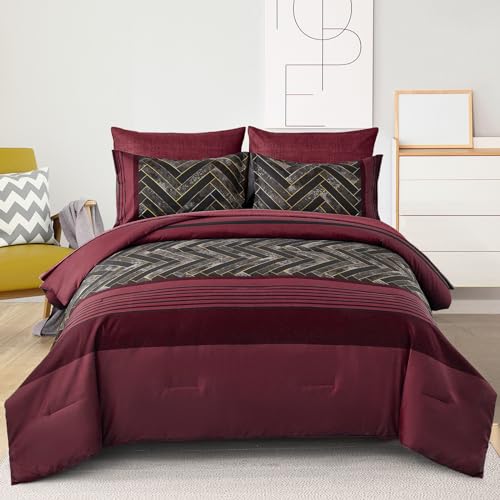 Luxudecor Burgundy Comforter Set King Size 7 Pieces Red and Black Stripe Bed in a Bag Geometric Comforter and Sheet Set, Soft Microfiber Complete Bedding Sets for All Seasons - Image 1