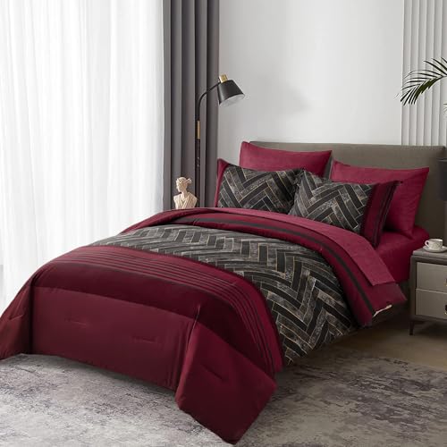 Luxudecor Burgundy Comforter Set King Size 7 Pieces Red and Black Stripe Bed in a Bag Geometric Comforter and Sheet Set, Soft Microfiber Complete Bedding Sets for All Seasons - Image 3