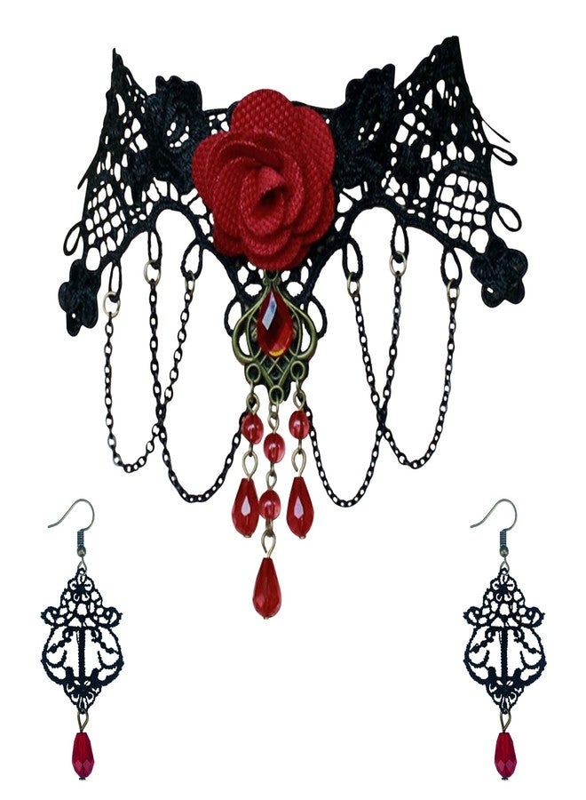 YBMYCM مجموعة مجوهرات هالوين YBMYCM للنساء طوق دانتيل أسود طوق قوطي قلادة مجوهرات مصاصي الدماء لوازم حفلات تنكرية هالوين (2 قطع) - Image 1