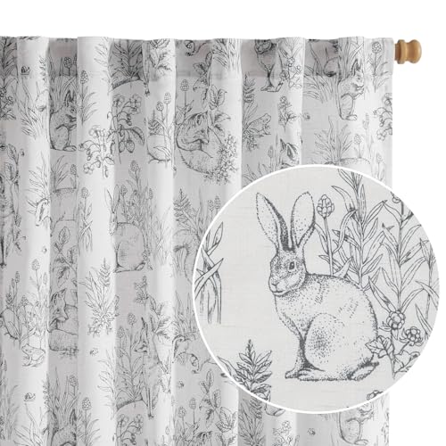 jinchan Linen Nursery Curtains 84 inch Long Woodland Wildlife Black Print Drapes for Kids Room Light Filtering French Country Farmhouse Curtains with Bunny and Forest Design Set of 2 Panels - Image 3