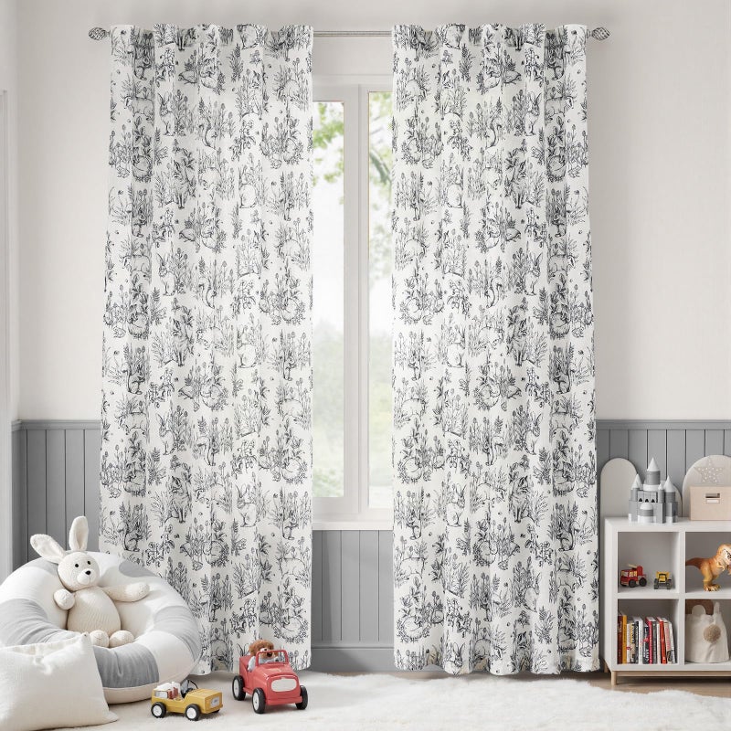 jinchan Linen Nursery Curtains 84 inch Long Woodland Wildlife Black Print Drapes for Kids Room Light Filtering French Country Farmhouse Curtains with Bunny and Forest Design Set of 2 Panels - Image 2