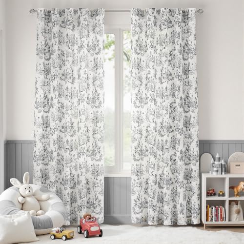 jinchan Linen Nursery Curtains 84 inch Long Woodland Wildlife Black Print Drapes for Kids Room Light Filtering French Country Farmhouse Curtains with Bunny and Forest Design Set of 2 Panels - Image 1