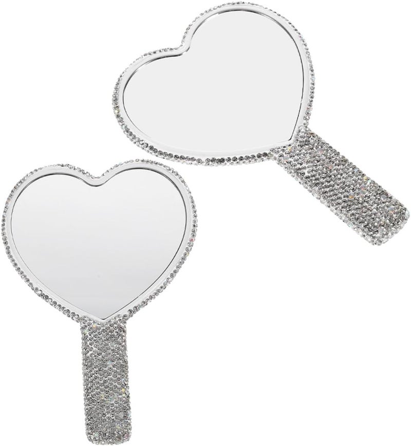 Gatuida 2pcs Handheld Heart-Shaped Cosmetic Mirrors with Handle, Portable Compact Small Mirrors with Rhinestone Decoration for Travel and Makeup Use - Image 1