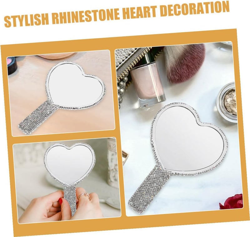 Gatuida 2pcs Handheld Heart-Shaped Cosmetic Mirrors with Handle, Portable Compact Small Mirrors with Rhinestone Decoration for Travel and Makeup Use - Image 3