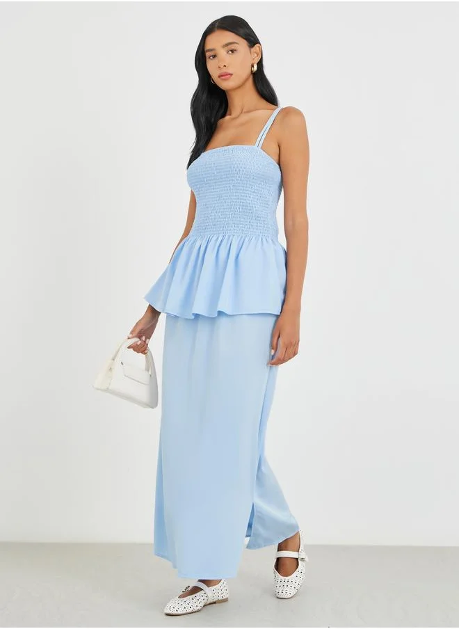 Take Two Take Two Solid Smocked Strappy Top and Midi Skirt Co-Ords