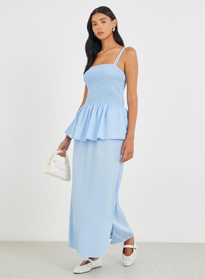 Take Two Solid Smocked Strappy Top and Midi Skirt Co-Ords - Image 1