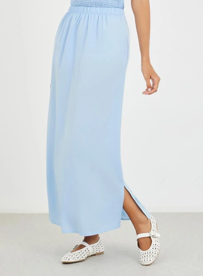Take Two Take Two Solid Smocked Strappy Top and Midi Skirt Co-Ords