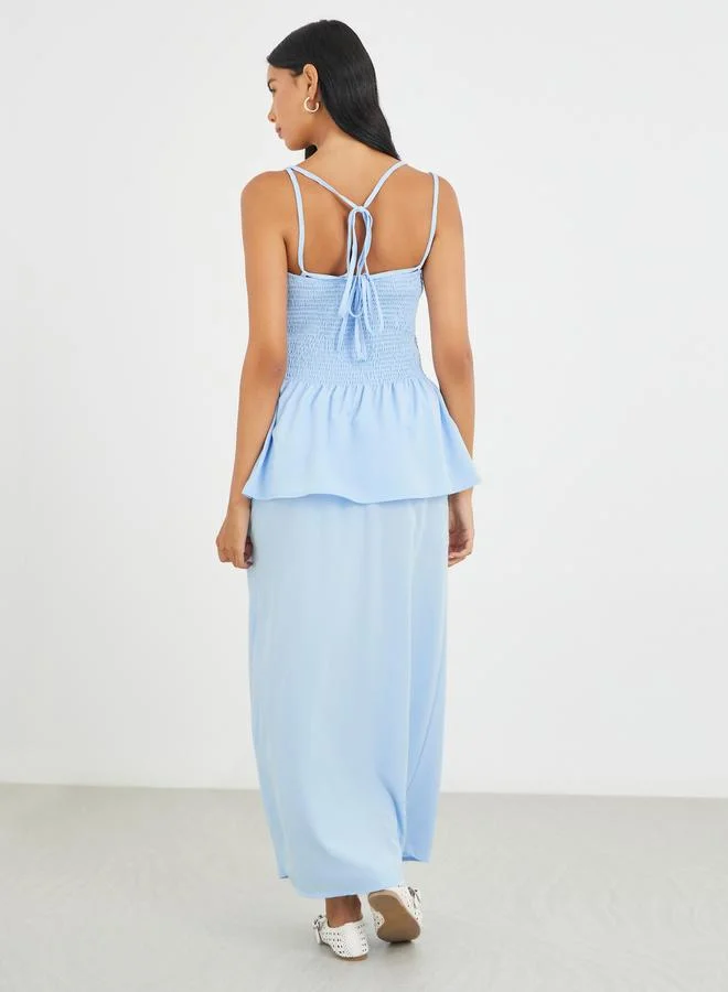 Take Two Take Two Solid Smocked Strappy Top and Midi Skirt Co-Ords