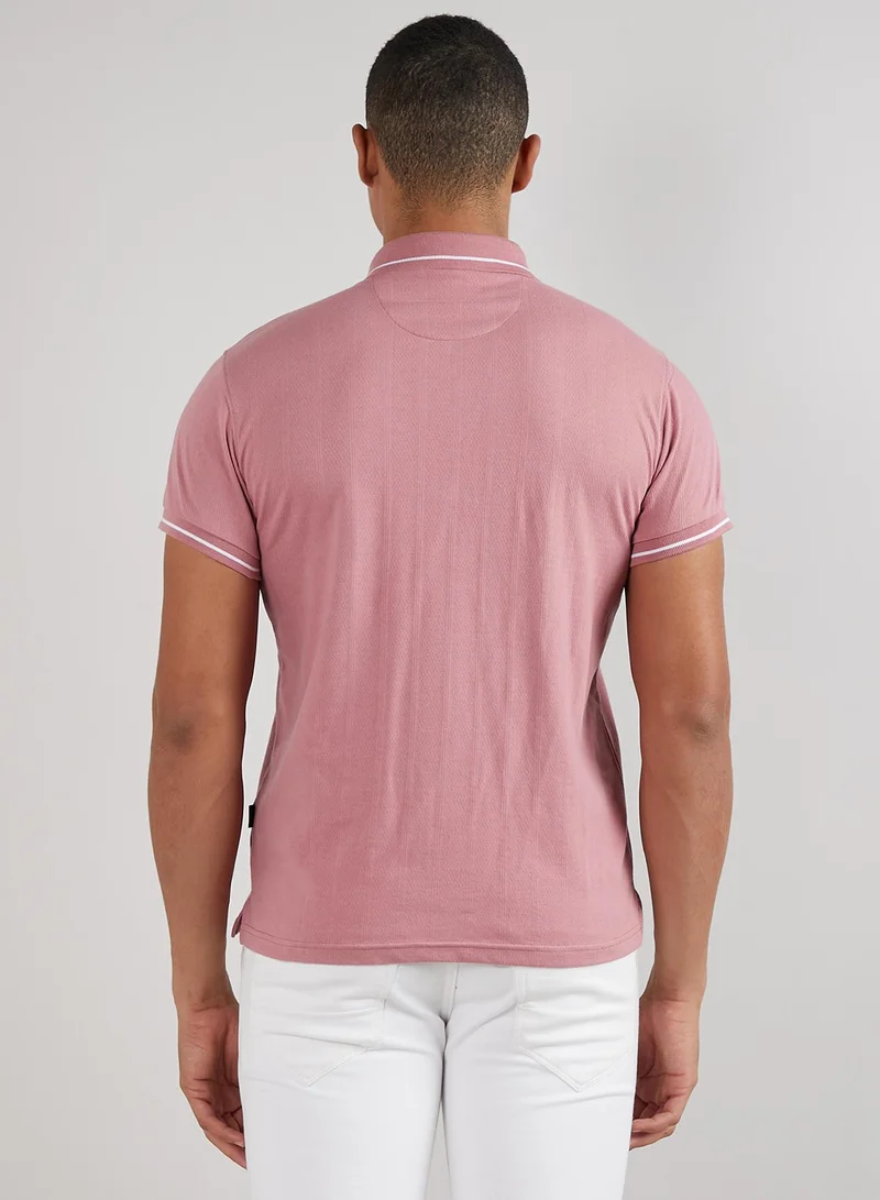 Campus Sutra Men's Coral Pink Self-Design Halo Striped T-Shirt